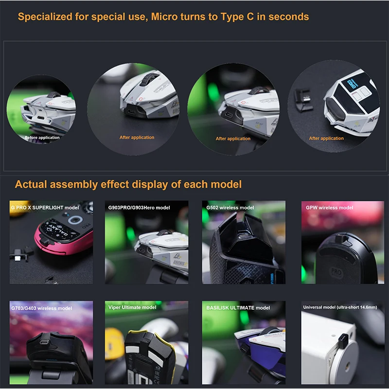 Para G PRO X SUPERLIGHT/GPW/G903/G502 adaptador universal de ratón inalámbrico/G703 Android micro a tipo c piezas de repuesto de cabezal - imagen 5