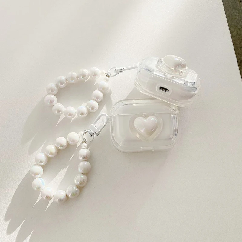 Funda Simple para auriculares con forma de corazón y perlas láser para AirPods Pro2, caja de carga para auriculares de tercera generación, funda protectora para Air Pods 2, llavero - imagen 5