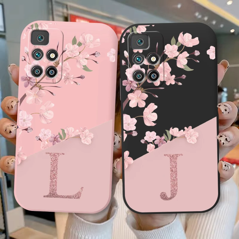 Funda con letra inicial A Z para Redmi 10 4G, Funda trasera de silicona suave con flor rosa para Xiaomi Redmi10, Coque, parachoques, carcasa para pareja