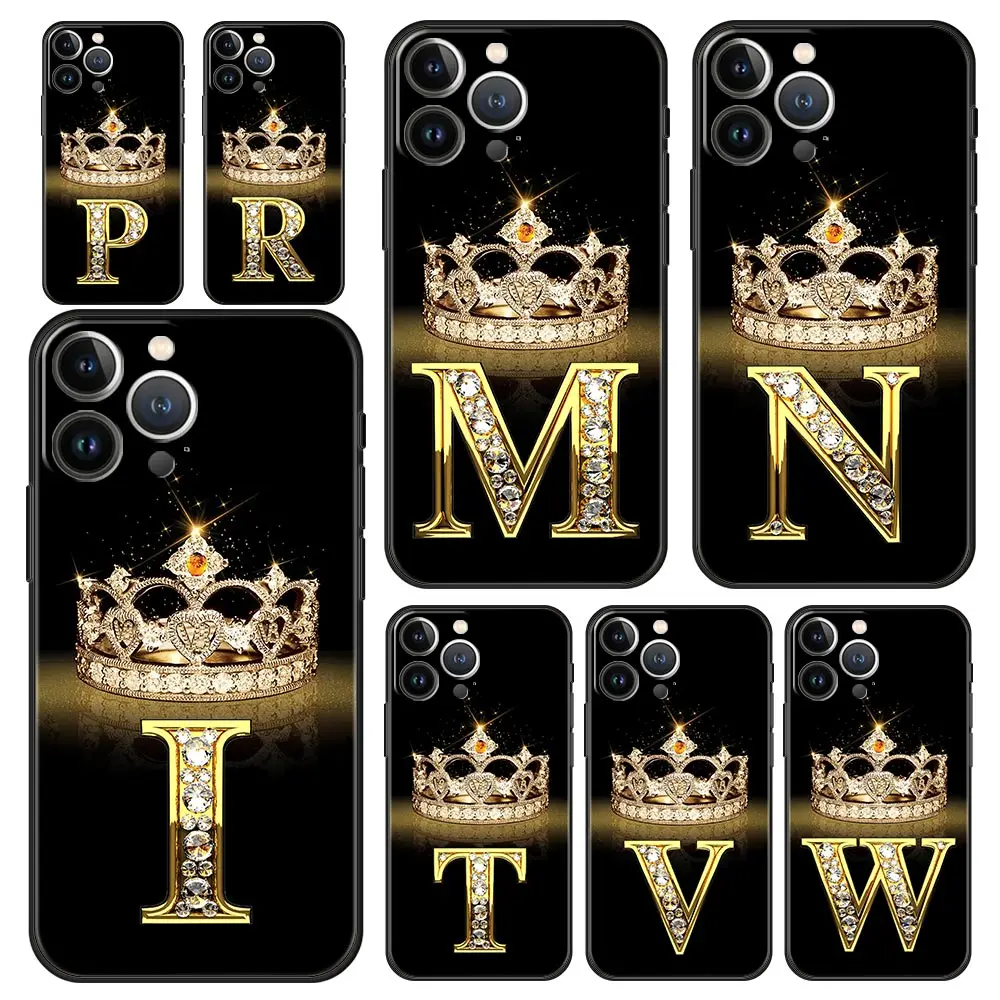 Funda de teléfono de lujo para Apple iPhone, 11, 15, 14 Pro MAX, 12, 13, 7, 8 Plus, X, XR, XS, MAX, SE, Letra de corona de diamante, 26 letras