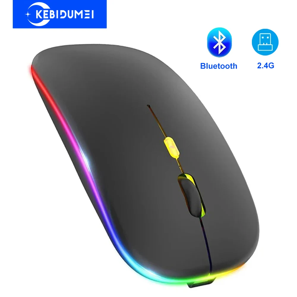 Ratón inalámbrico Bluetooth de 2,4G, ratón recargable de modo Dual, ratón ergonómico retroiluminado RGB, clic silencioso para PC, portátil y tableta
