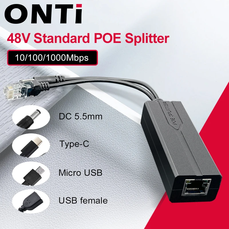 ONTi Divisor PoE 48V a 5V/12V USB-C Micro 100/1000Mbps para IP Cam