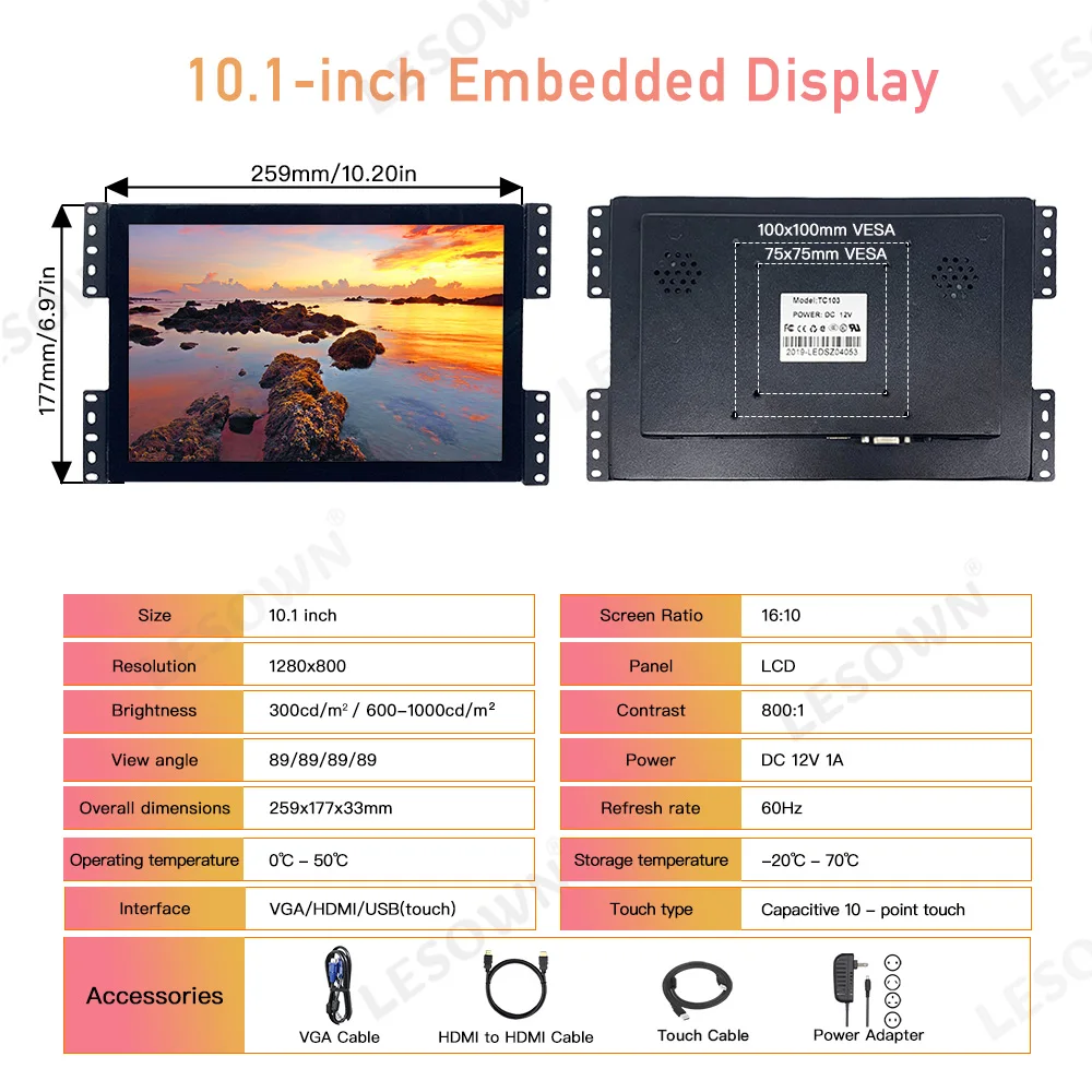 LESOWN 10,1 pulgadas 1280x800 pantalla de alto brillo 300cd/m2 / 600-1000cd/m2 Monitor integrado pantalla de montaje en Panel para PC TV CCTV - imagen 4