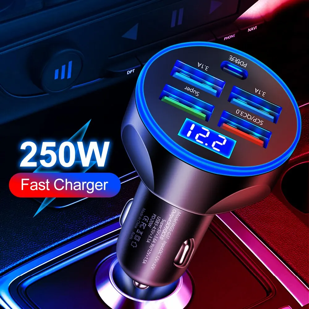 Cargador de coche 4usb PD 250W tipo C adaptador de teléfono móvil automático de carga rápida para iPhone Samsung Huawei Xiaomi QC 3,0
