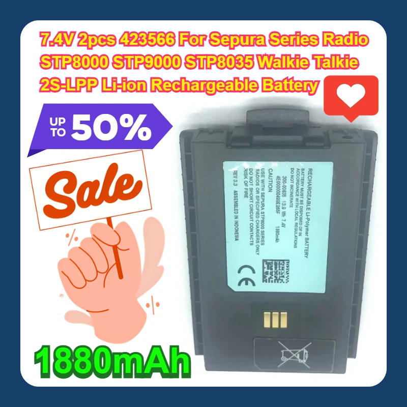 7,4 V 2 uds 423566 para Radio serie Sepura STP8000 STP9000 STP8035 Walkie Talkie 2S-LPP 1880mAh batería recargable de iones de litio