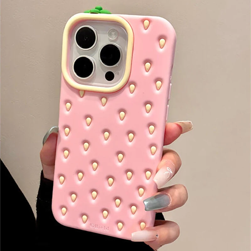 Funda de teléfono de silicona suave de fresa rosa 3D bonita a la moda para iPhone 16 15 13 14 12 Pro Max carcasa trasera a prueba de golpes - imagen 5