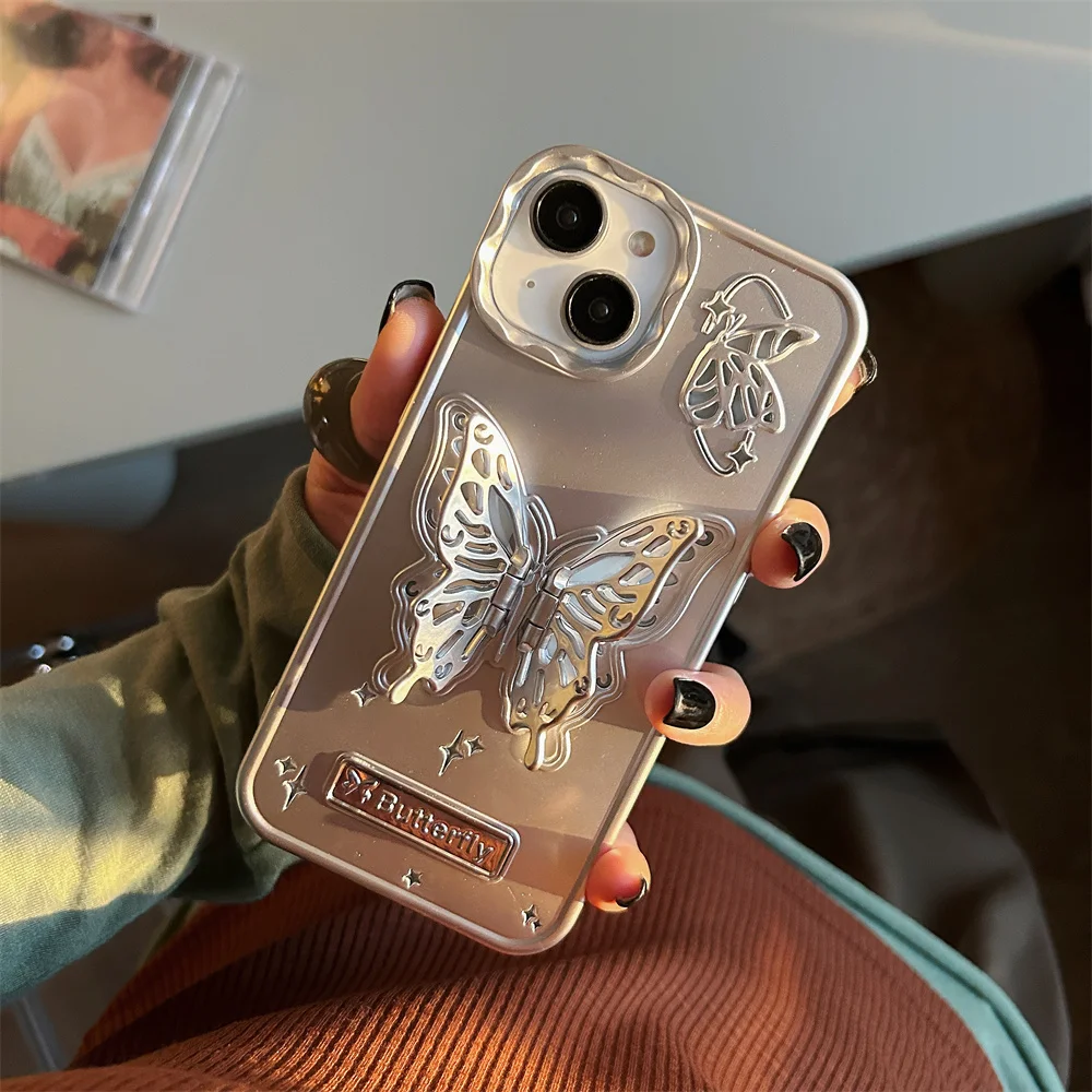 Bonita funda con soporte de mariposa 3D para iPhone 15 Pro Max 14 13 12 Pro Max, protector de lente de Metal chapado de lujo, cubierta de parachoques suave - imagen 3