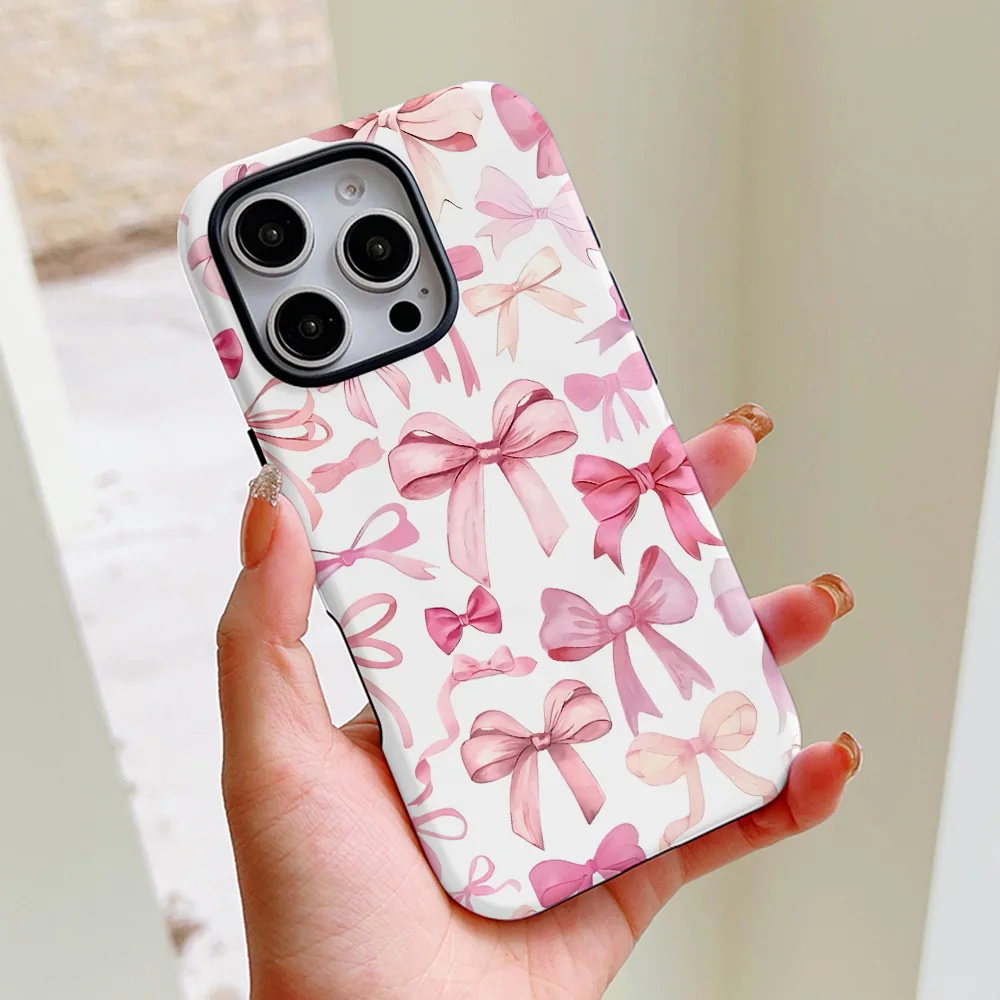 Funda de teléfono con diseño de lazo rosa para iPhone 16, 15, 14, 13, 12, 11 Pro Max Plus, funda trasera magnética de lujo de doble capa - imagen 2