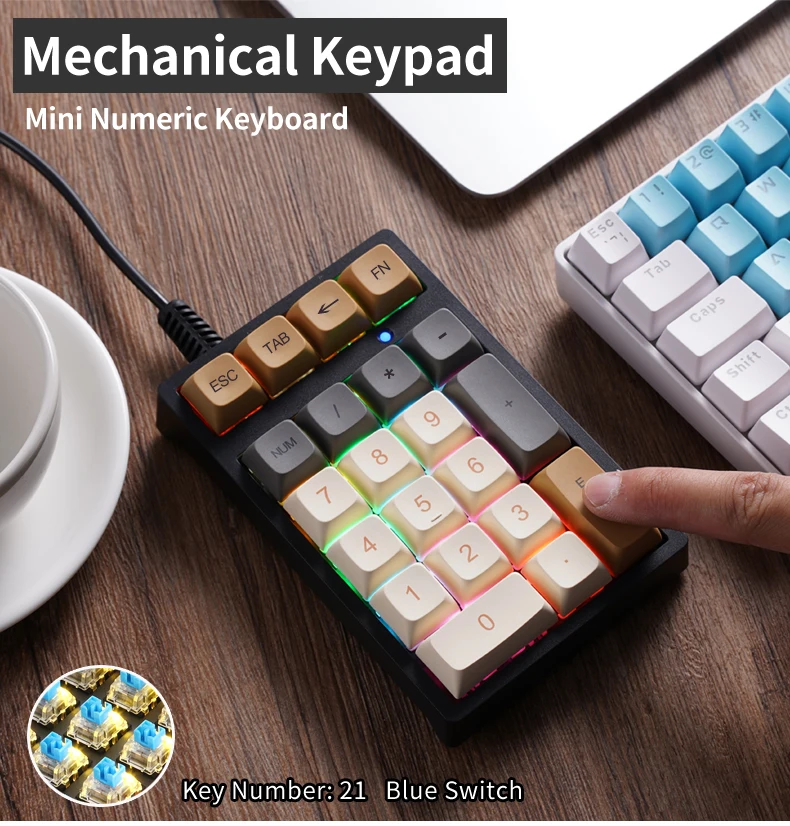 Teclado numérico mecánico con cable T21 de 21 teclas con luces multicolores y eje verde adecuado para finanzas, negocios y usuarios portátiles - imagen 3