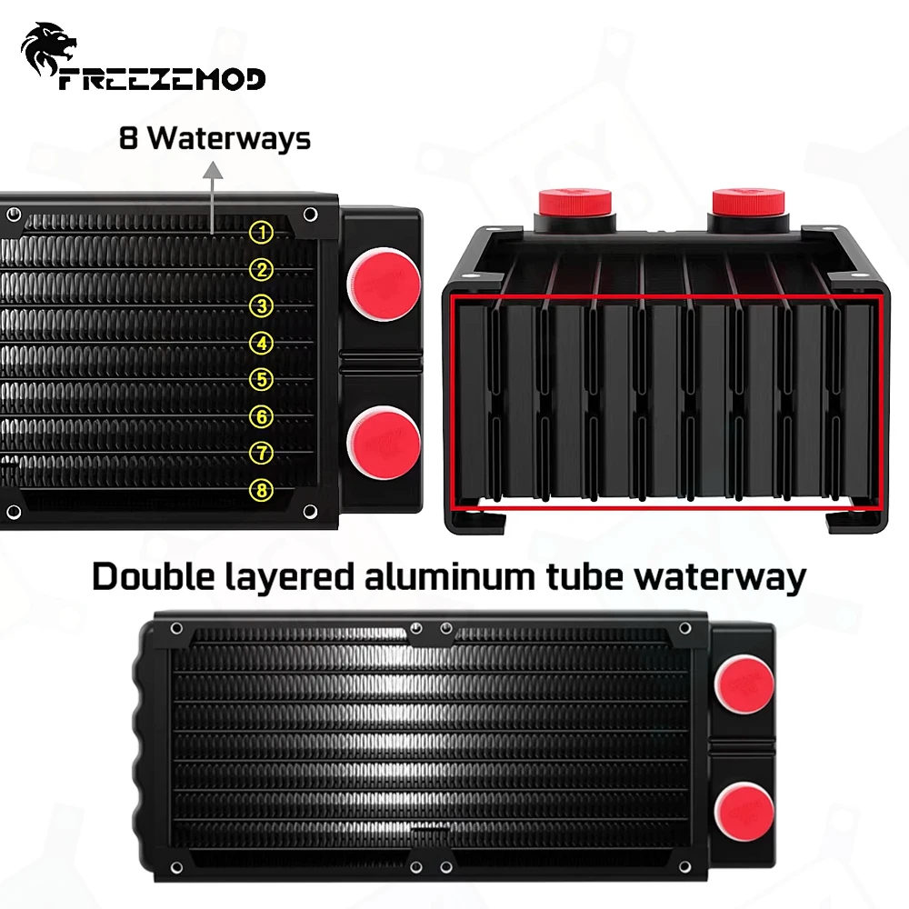 FREEZEMOD-mini radiador de refrigeración por agua de aluminio, disipador de calor doble de 16cm con 16 canales, Compatible con rosca G1/4', ventilador de 80mm, MOD para PC - imagen 4
