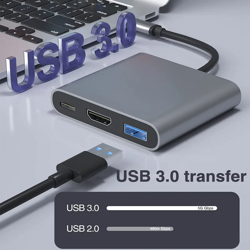 FDBRO-Hub Usb-C 3 en 1 a HDMI, concentrador divisor 4k compatible con 3,1 tipo C a Usb 3,0, adaptador de carga para Macbook Air Converter - imagen 3