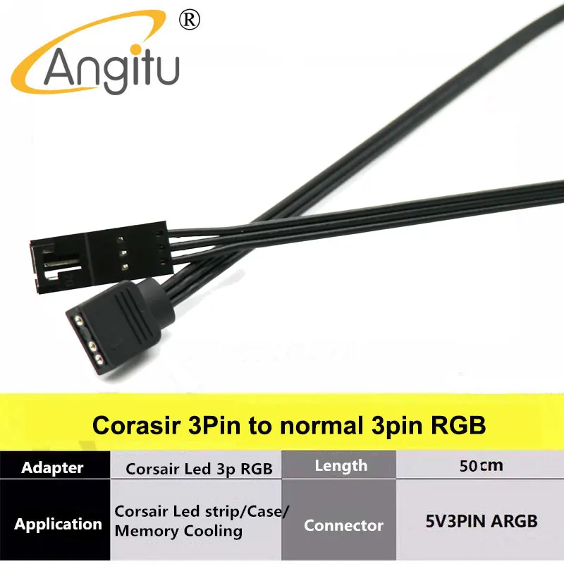 Angitu-ventilador Corsair RGB ARGB, Cable adaptador de iluminación, nodo/Commander HD/LL120 140, ventilador de 3 pines/4 pines a 5V, 3 pines, Cable-50cm de rayas LED - imagen 3