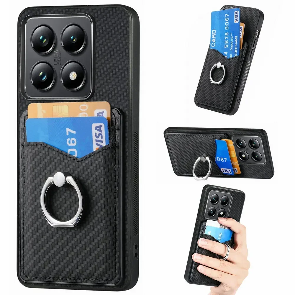 Para Xiaomi 14T Pro 14 T funda de teléfono tipo billetera de fibra de carbono para Xiaomi 14 Pro 14pro Mi14Tpro ranura para tarjeta cubierta de soporte de anillo magnético - imagen 3