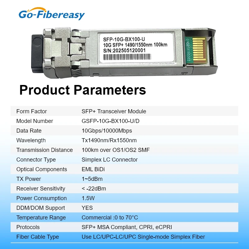 Módulo BiDi SFP de 10Gb, 100km, 1490/1550nm, SMF LC, WDM, transceptor óptico bidireccional de fibra única para Mikrotik, Juniper,ZTE,Switch - imagen 2