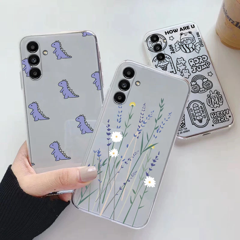 Funda de teléfono transparente para Samsung Galaxy A54 A13 A14 A52 A12 Funda de dibujos animados de flores suave TPU a prueba de golpes Funda bolsas corazón transparente