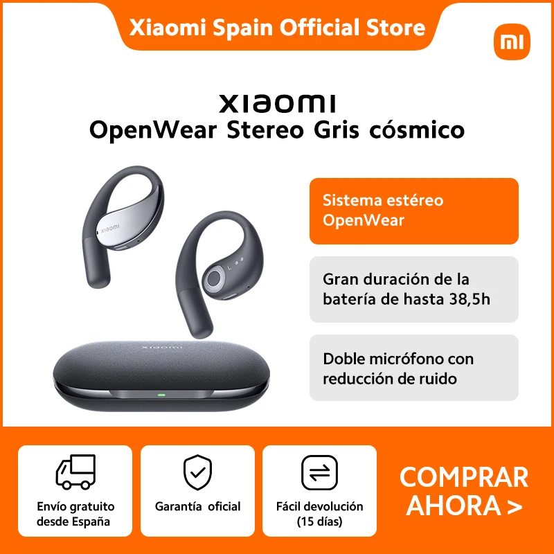 Oficial｜Xiaomi OpenWear Stereo, Sistema estéreo OpenWear, Gran duración de la batería de hasta 38,5h, Doble micrófono con reducción de ruido