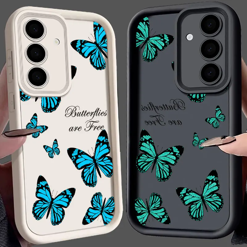 Funda de teléfono S25Ultra con mariposa azul voladora gratis para Samsung Galaxy S25 S24 S23 Ultra, Funda S22 S20 Plus S21 FE S24FE