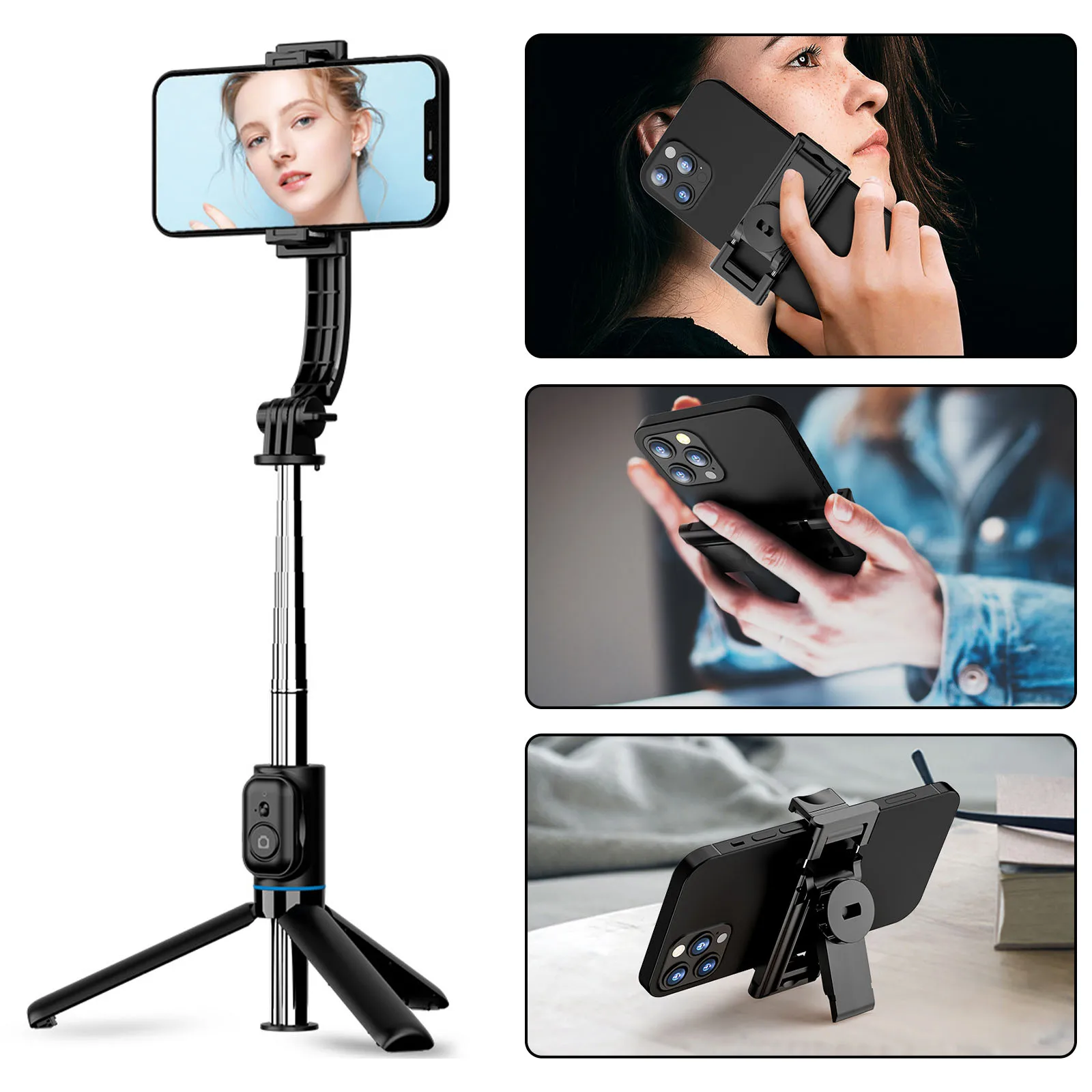 C01 trípode con control remoto Bluetooth para Cámara de Acción Smarthone, palo Selfie con Clip desmontable para teléfono, Vlog