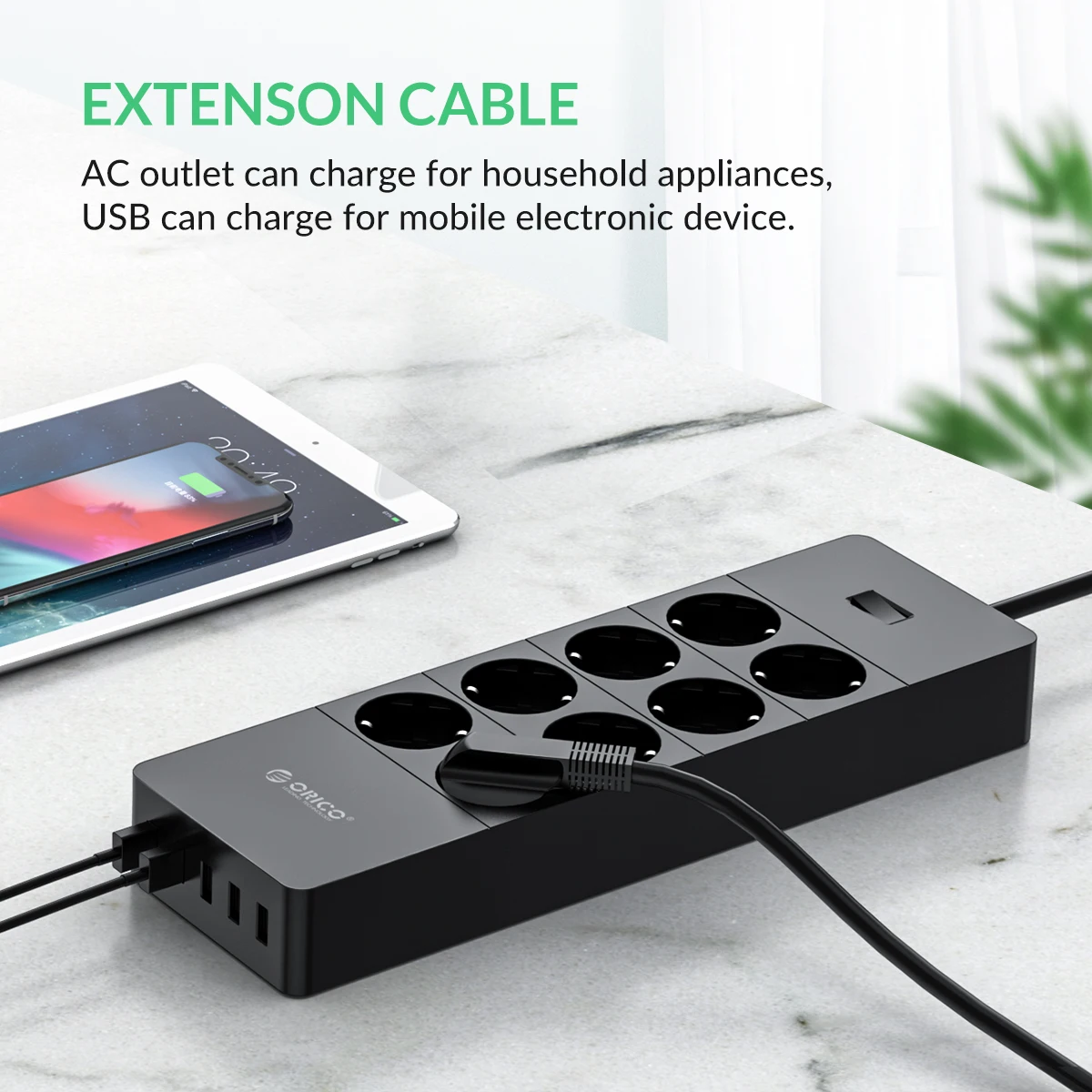 ORICO Regleta Enchufes de 8 Tomas con 5 USB Puertos (Super Charger) - Inteligente Tecnología IC con Múltiples Protección - Carga para Samsung iPad iPhone Tablets y Otros Dispositivos (Negro - imagen 4