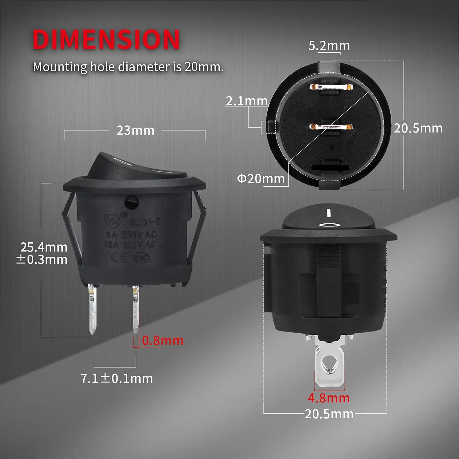 6 uds interruptor basculante redondo con cable AC 6A/ 250V 10A/ 125V SPST 2 pines 2 posiciones interruptor de palanca de encendido/apagado, interruptores basculantes redondos de encendido y apagado - imagen 4