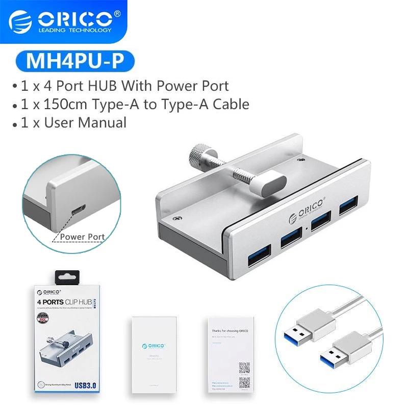 ORICO-HUB DE ALUMINIO MH4PU con 4 USB 3,0, fuente de alimentación, expansión de alta velocidad, transmisión de datos de 5GBPS, adecuado para portátil - imagen 3