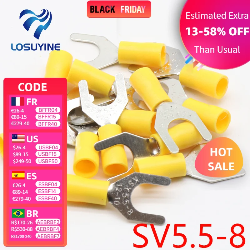 SV5.5-8 conector de Cable de Terminal amarillo 50 Uds. Terminales de conector de engarce de pala de horquilla aislada cableado eléctrico SV5-8 SV