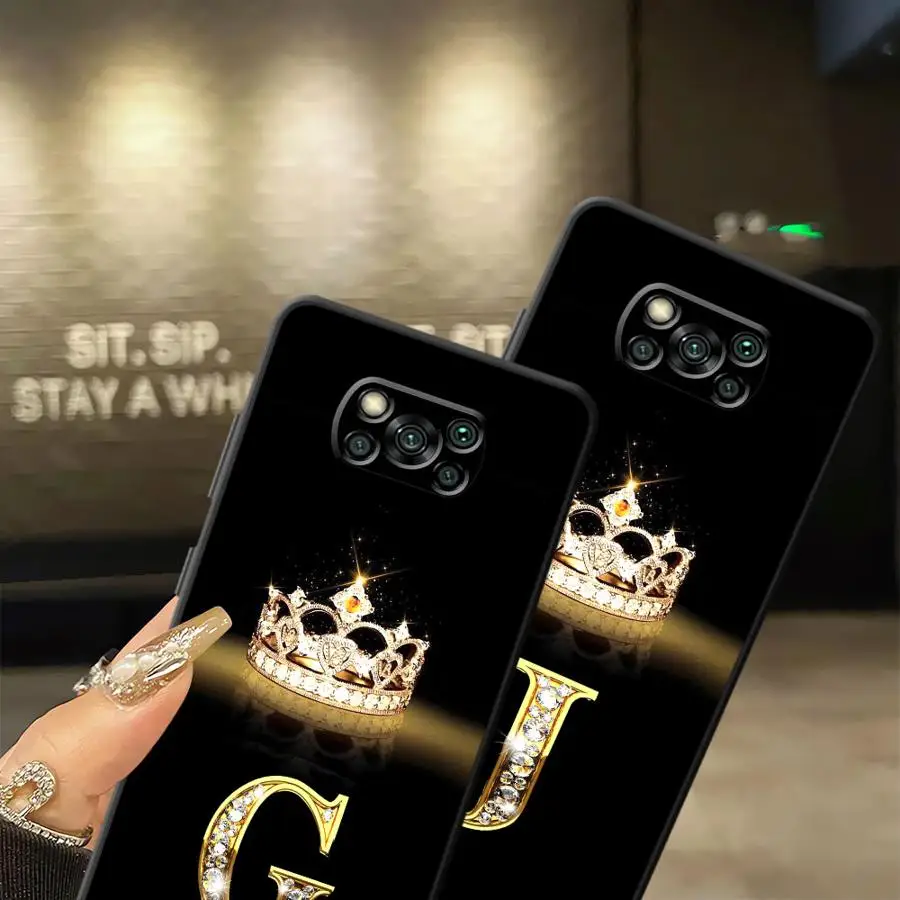 Funda de teléfono suave negra con letras y corona de diamante para Xiaomi Poco C71 C61 M3 M4 M7 Pro X3 X4 X5 X7 Pro F1 C75 M5 F3 C40 C50 - imagen 3