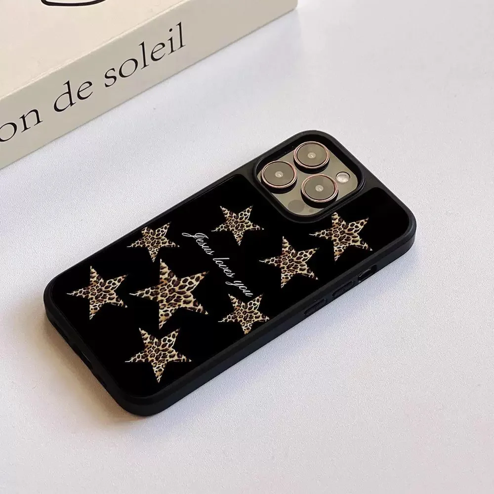 Ins-funda de teléfono epoxi con borde negro y estrellas con estampado de leopardo, funda de teléfono anticaída de TPU para iPhone XR/11/12/13/14/15/16/17 Pro Max - imagen 3