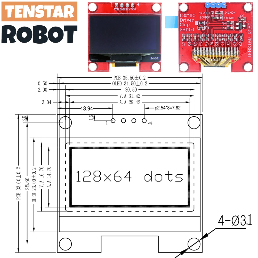 TENSTAR 3 uds 1,3 pulgadas I2C módulo de pantalla OLED tablero rojo Chip de unidad de Color blanco SH1106 128X64 1,3 "LCD IIC comunicación - imagen 2