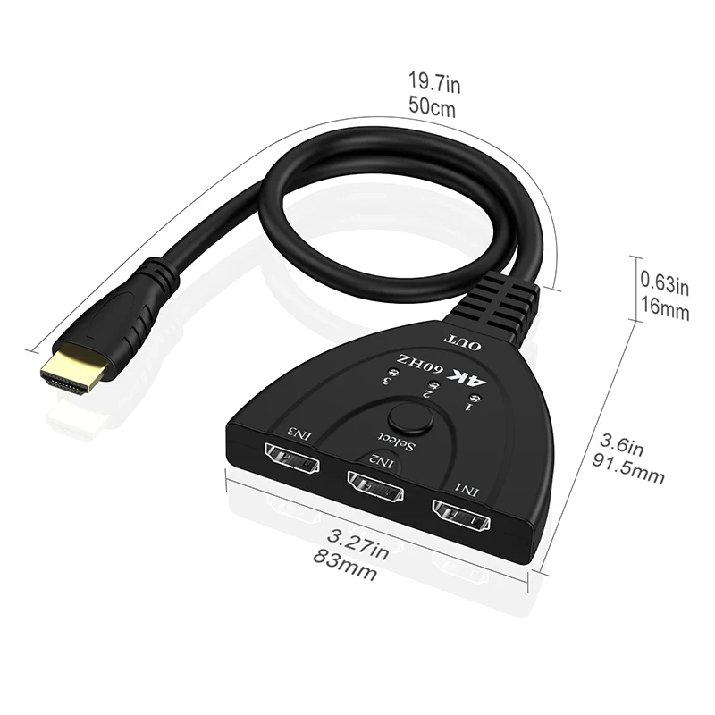 Conmutador HDMI 3 Puertos 4K 60Hz Mini Switch PS4 Xbox HDTV - imagen 2