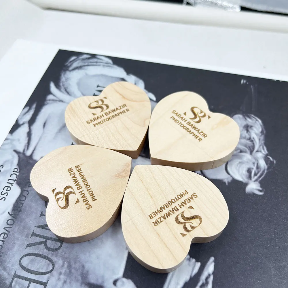 50 unids/lote de unidades Flash USB 2,0 con forma de corazón de madera, 128GB, llavero con logo personalizado gratis, unidad de bolígrafo 64GB 32GB, regalo de negocios, memoria USB - imagen 3