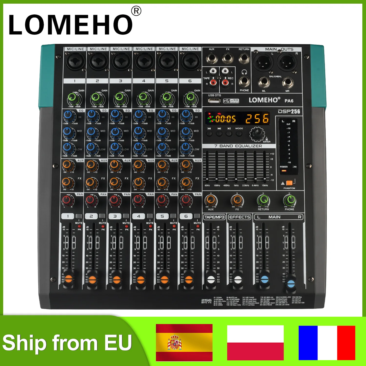 LOMEHO-consola mezcladora de 6 canales, Bluetooth, 256 efectos digitales, mezclador de Audio, mesa de sonido de 48V, USB, PC, grabación, controlador de DJ PA6 - imagen 2
