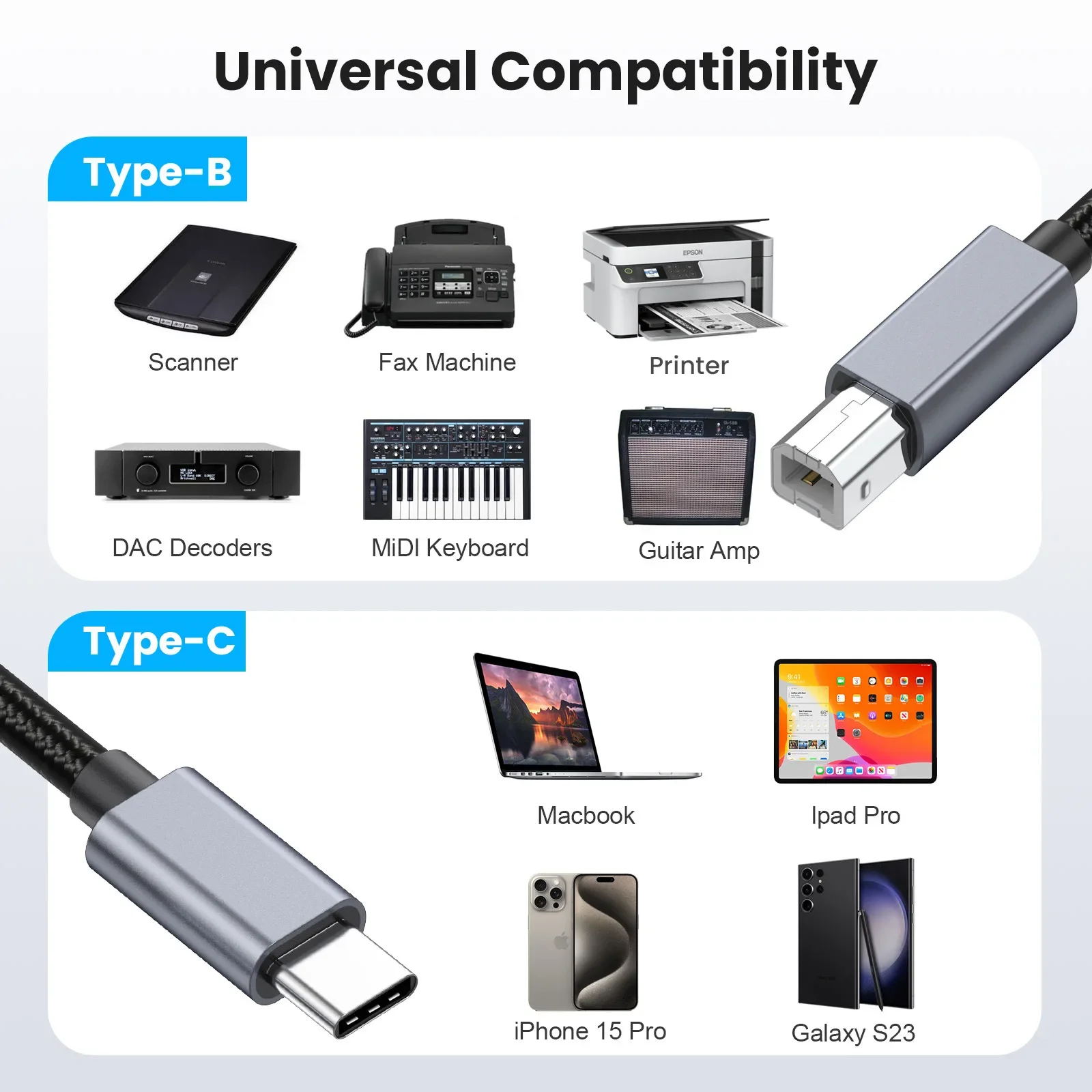 Cable de impresora tipo C de 10M, 5M, 3M, USB C a USB B 2,0, escáner de impresora, ordenador portátil para portátiles Epson HP Brother Huawei Xiaomi - imagen 3