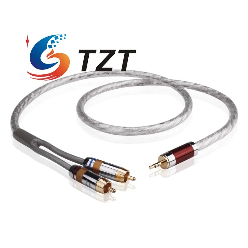 TZT Cable RCA de 3,5 mm a RCA chapado en plata de 1 m/3,3 pies Divisor HiFi de 3,5 mm a RCA (YYAUDIO de 3,5 mm a 2 RCA macho)