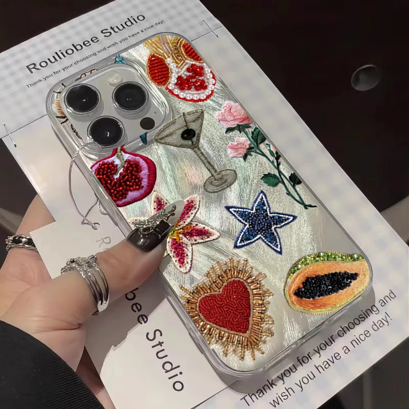 Funda de teléfono con diseño de flores y estrellas de Granada y corazón con cuentas únicas para iPhone 17 16 15 14 Pro Max 13 12 11 XS XR 7 8 Plus 16e