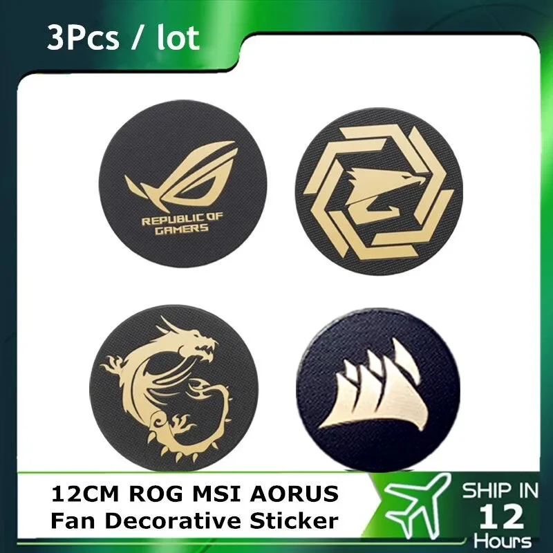 3 unids/lote, caja de PC 12CM pegatina de Metal ROG MSI AORUS pegatina decorativa para etiqueta refrigeración chapada en oro ventilador de 120/140mm