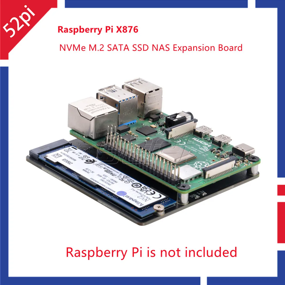 Placa de expansión 52Pi Raspberry Pi X876 NVMe M.2 SATA SSD NAS, compatible con key-m 2280 SSD para Raspberry Pi 4B