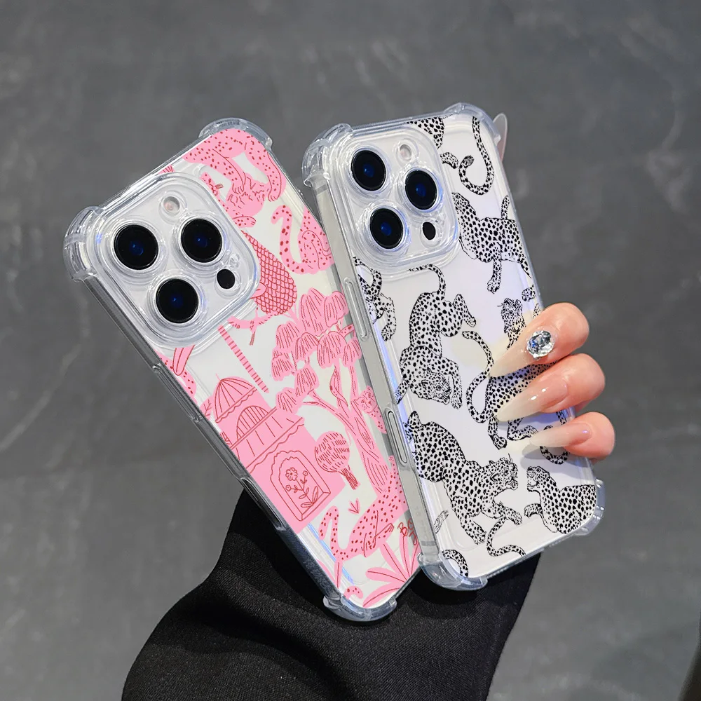 Funda de teléfono de leopardo rosa a la moda para iPhone 16 15 14 13 12 11 Mini Pro Max XR XSMax 7 8 Plus SE2020, funda transparente a prueba de golpes - imagen 2