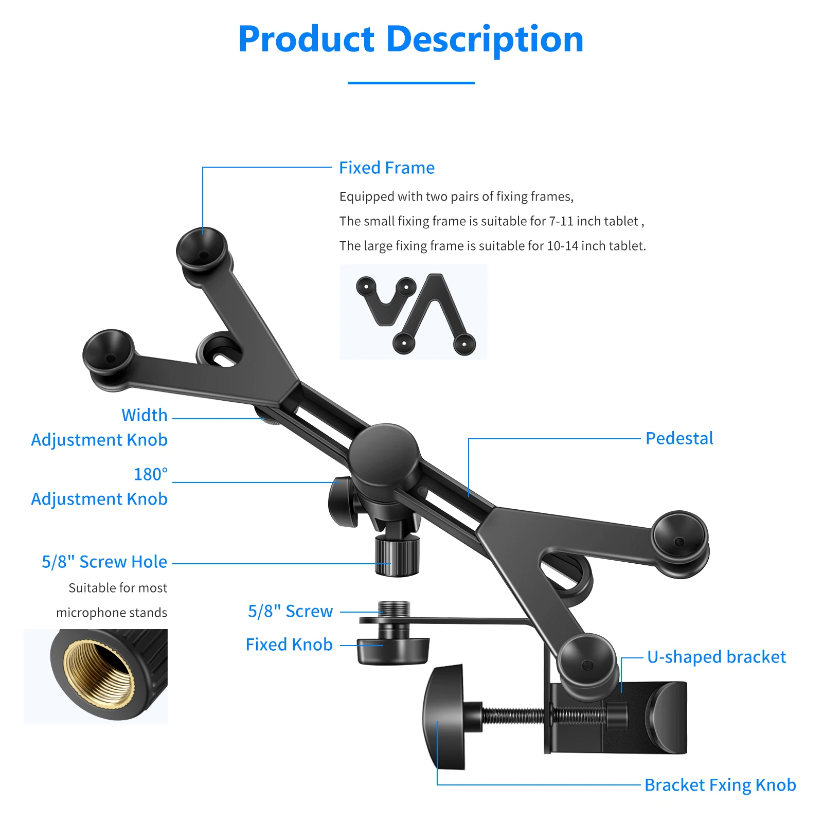 Soporte ajustable para tableta de 7-14 pulgadas, abrazadera giratoria de 360 grados para soporte de micrófono para Apple iPad Pro Air Mini Google Nexus - imagen 2