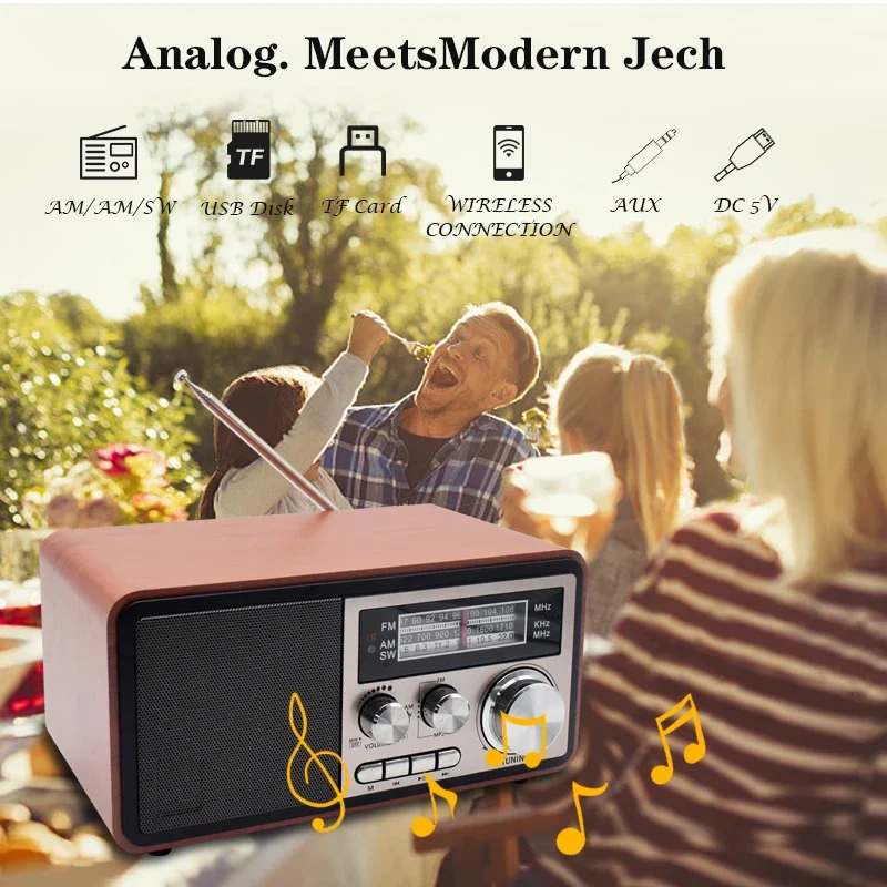 Radio clásica antigua con altavoz Bluetooth: receptor FM/AM/SW de banda completa, reproducción de tarjeta USB/TF con control remoto - imagen 3