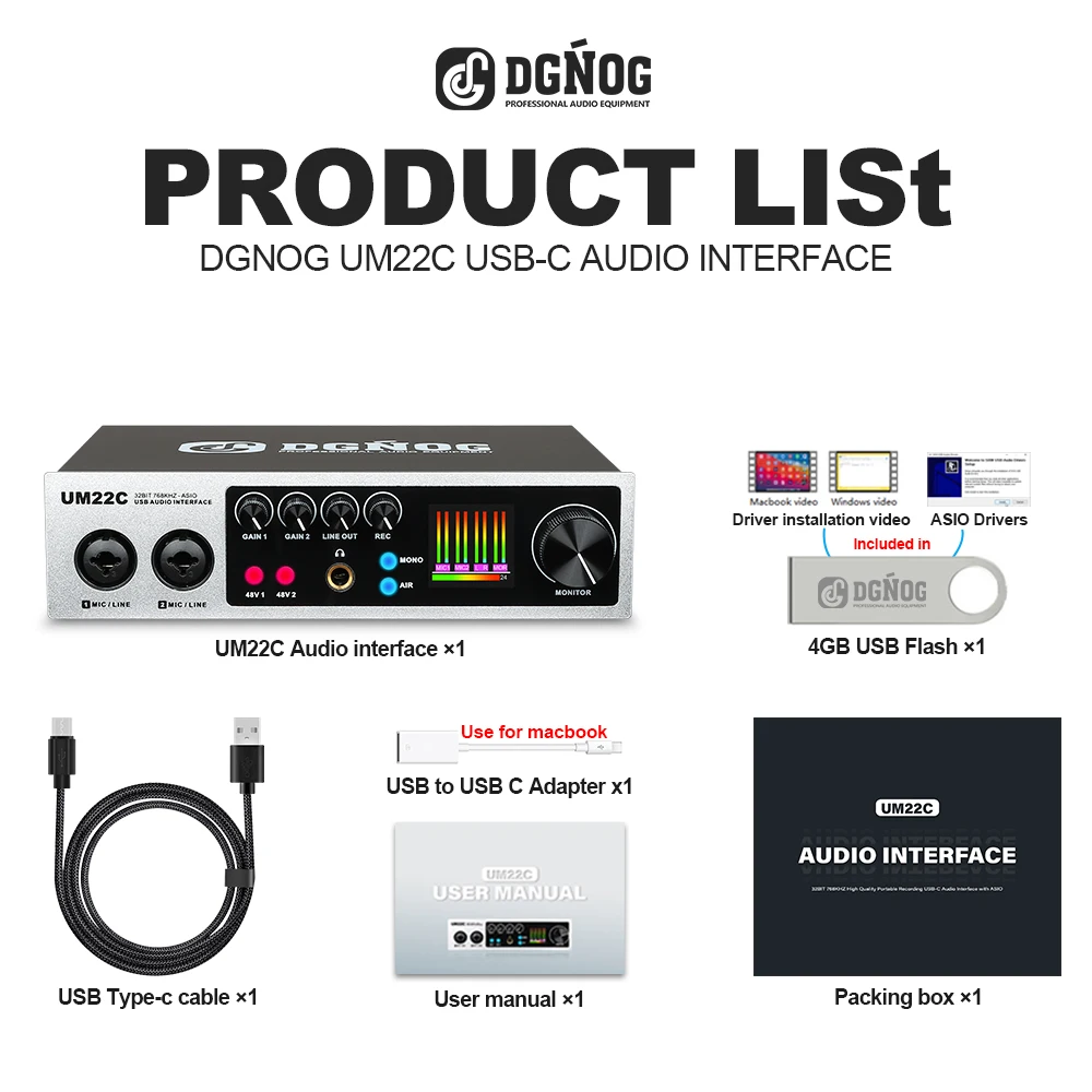 DGNOG UM22C interfaz de Audio USB 32bit/768KHz tarjeta de sonido de grabación USB-C profesional para estudio de guitarra Podcast canto Streaming - imagen 2