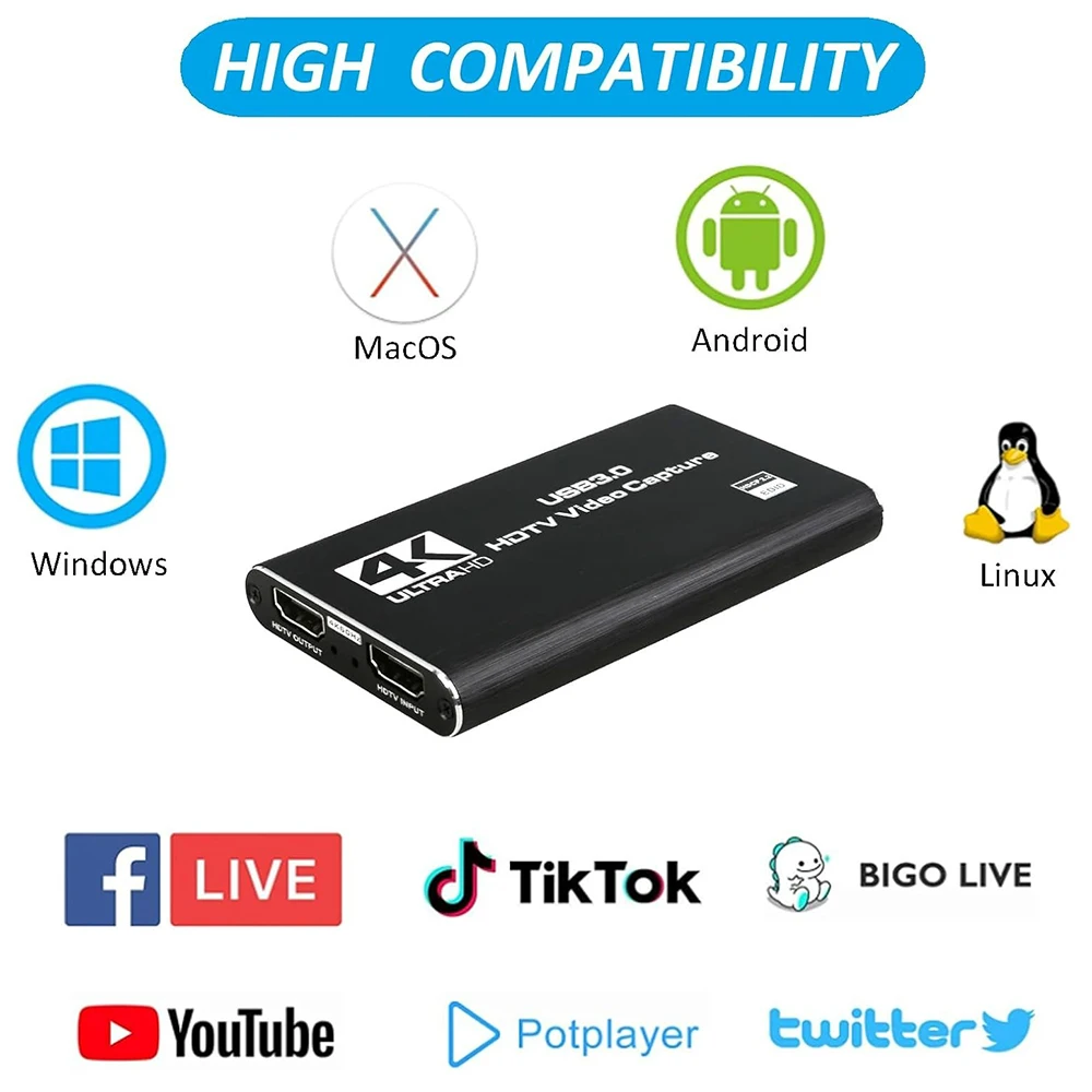 Tarjeta de captura de vídeo 4K HDMI compatible con USB 3,0 1080P 60FPS con salida de bucle para cámara, juegos de ordenador, transmisión en vivo OBS - imagen 5