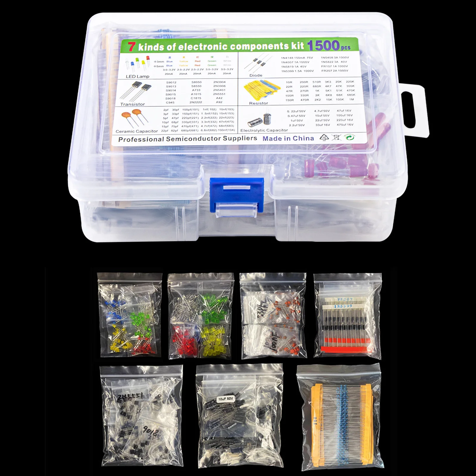 Kit surtido de componentes electrónicos, condensadores, rectificador de diodo Led, Transistor de resistencia para Arduino, proyecto de bricolaje, 1500 piezas - imagen 4