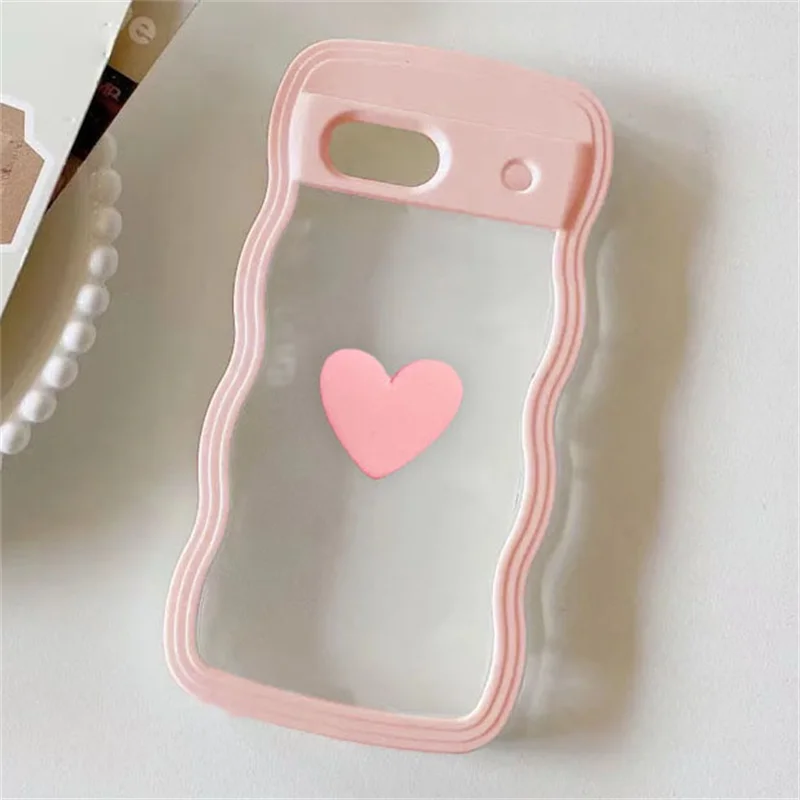 Funda de teléfono transparente para Google Pixel 8A 7A, carcasa trasera dura a prueba de golpes, bonita, 3D, corazón de amor, rizado, ondulado, parachoques, Color caramelo, 2 en 1 - imagen 4