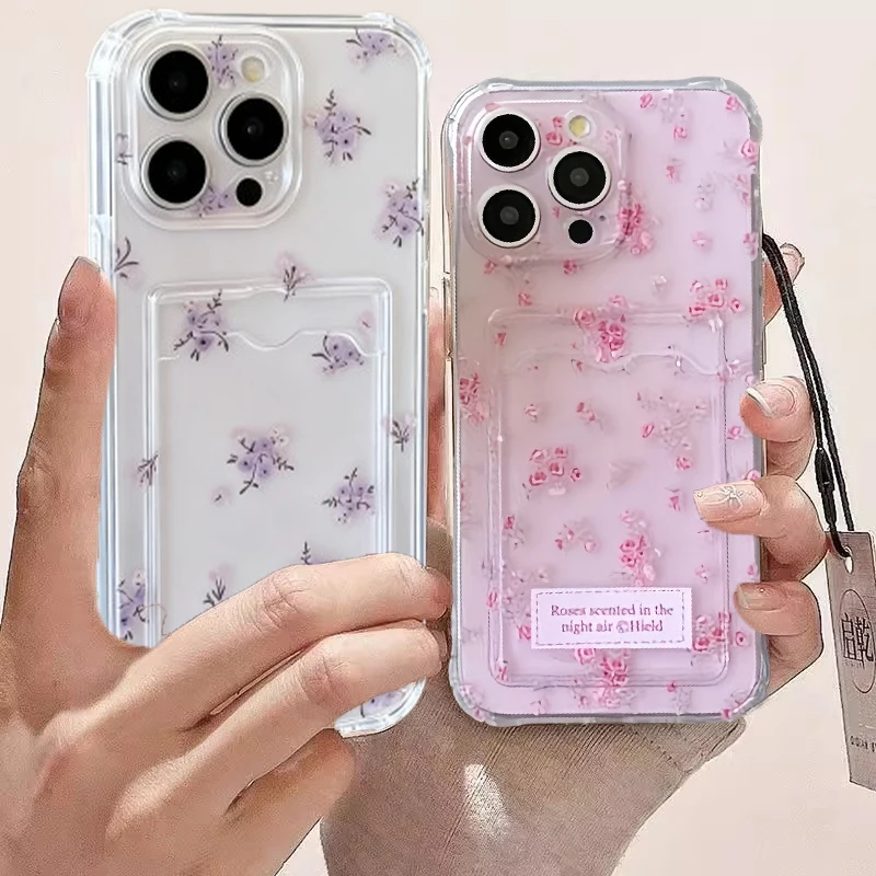 Funda tipo billetera con ranura para tarjetas fotográficas y lazo de flores pequeñas para IPhone 17 Air 17 Pro 16 15 14 12 11 Pro Max Plus 16e Silico TPU transparente