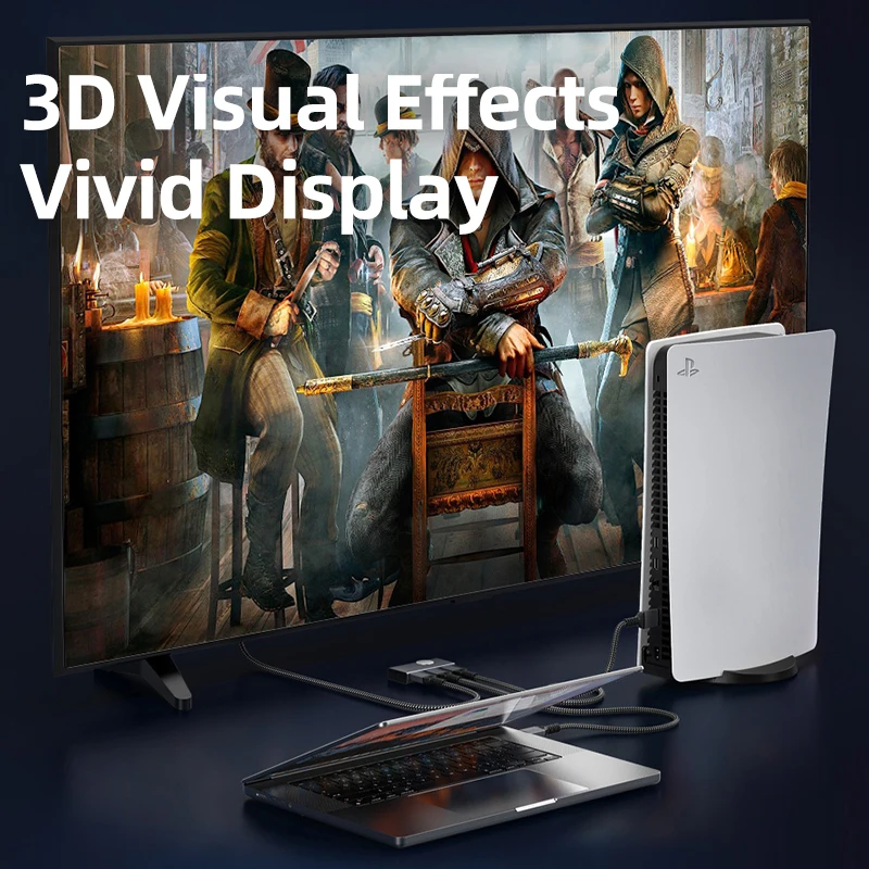 CABLETIME HDMI Splitter 8K 60Hz 4K 120Hz 2 en 1 Conmutador Visión 3D Adaptador de diseño de perilla de aluminio para computadora portátil Macbook Lenovo C457 - imagen 3