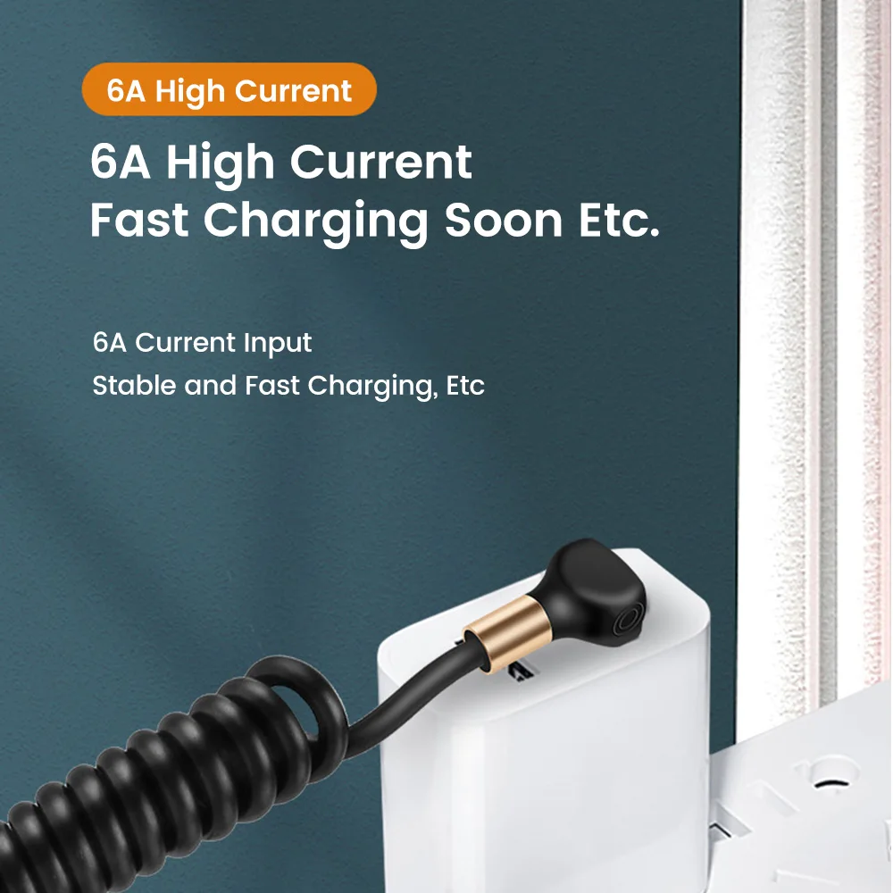 90 °   Cable de carga rápida con resorte para coche, Cable USB tipo C 6A para iPhone 14, Xiaomi, Samsung, Cable tipo C a tipo C para iPhone 15 - imagen 2