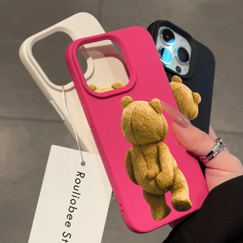 Funda de teléfono anticaída esmerilada con patrón de lichi para iPhone 16 Pro Max 15 14 13 12 11 XS Max X XR 16 Plus con funda con estampado de oso de peluche - imagen 3