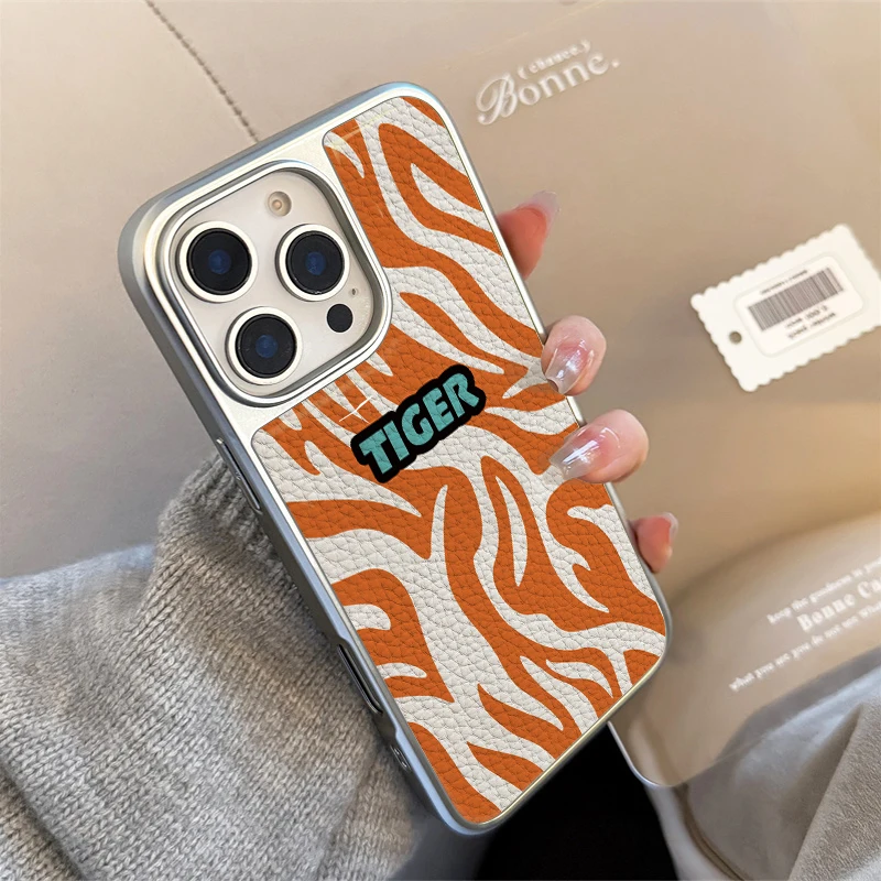 Funda de teléfono con textura de cuero con patrón de tigre para iPhone11/12/13/14/15/16/45 Pro Max AIR PLUS