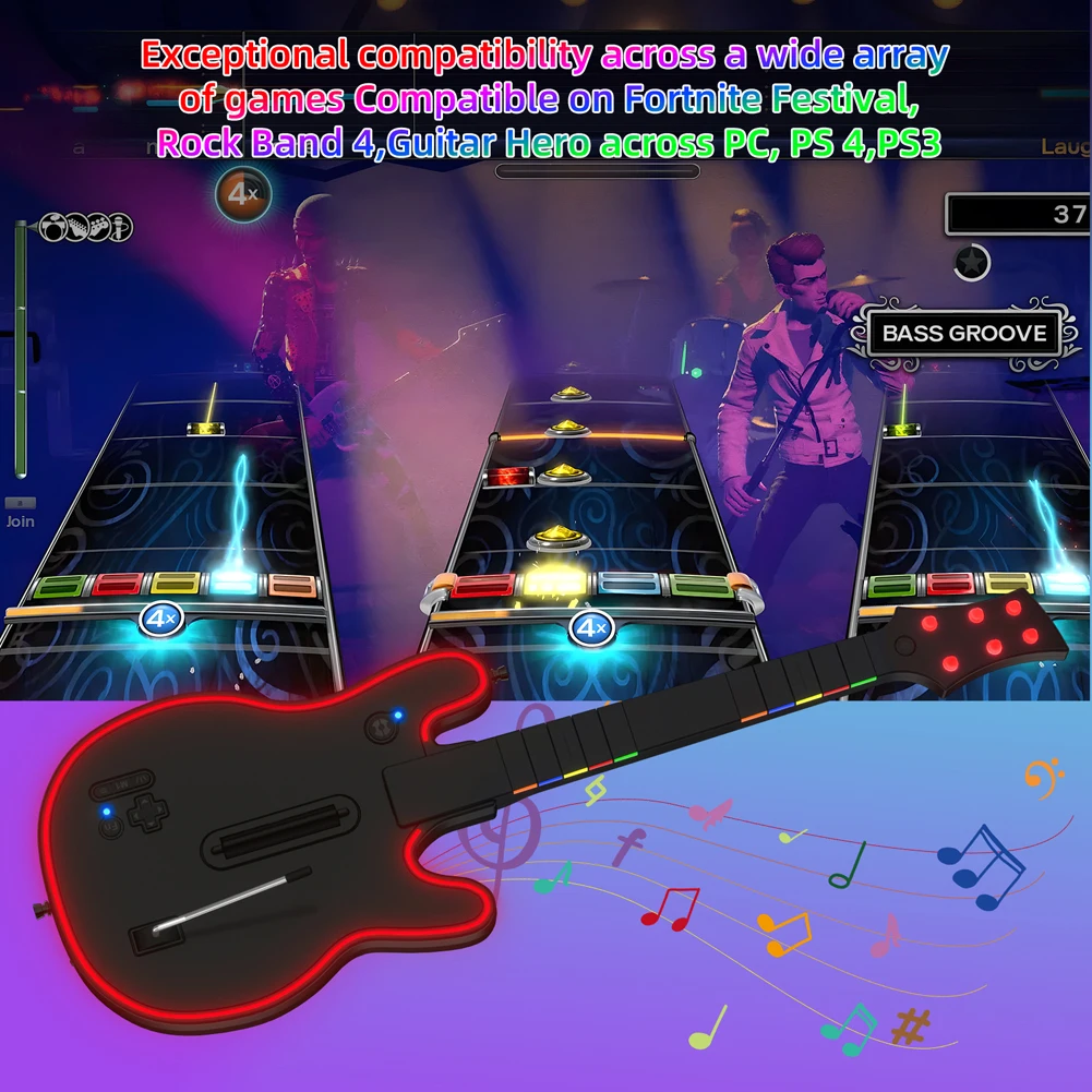 Controlador de guitarra inalámbrico de 2,4G, controlador de guitarra inalámbrico para juegos de PC con correa y Dongle inalámbrico para PS3, PS4, PC y guitarra - imagen 3